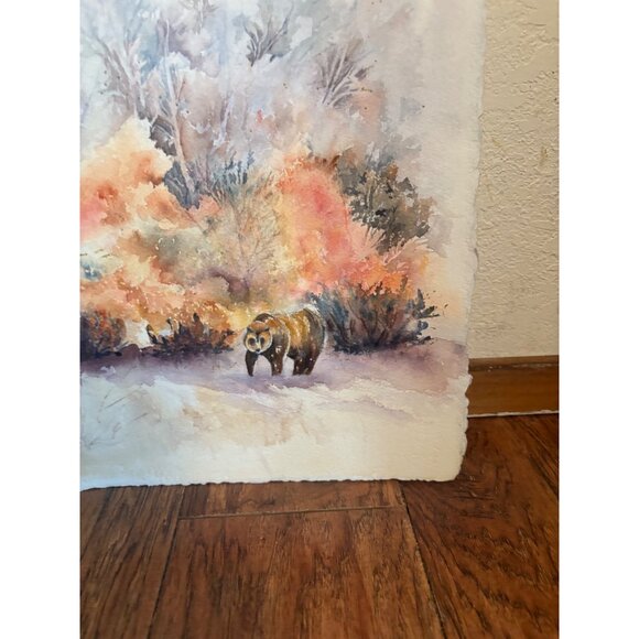 Watercolor Painting Of Autumn Forest Scene Bear landscape nature Textured Paper - Picture 3 of 6